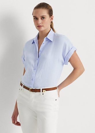 Camisas femininas azuis Ralph Lauren de linho manga Dolman