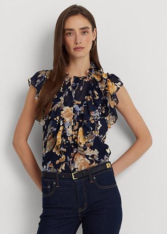 Camisas femininas multicoloridas Ralph Lauren Floral Georgette sem mangas