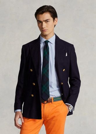 Camisas formais de desempenho listradas personalizadas Ralph Lauren masculinas azuis