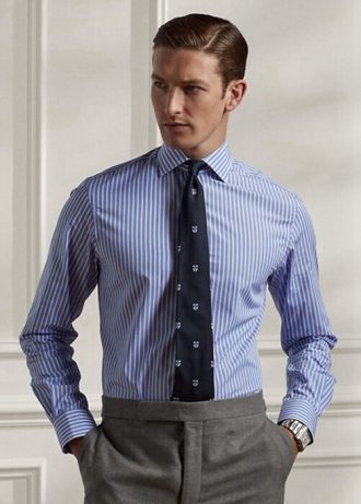 Camisas formais listradas de popeline Ralph Lauren masculinas azuis