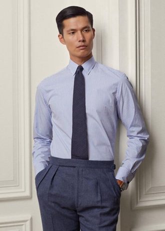 Camisas formais Ralph Lauren masculinas azuis com listras de Bengala e punho francês