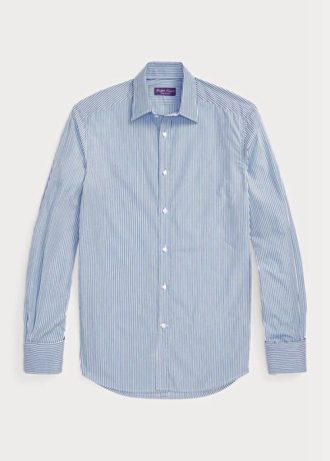 Camisas formais Ralph Lauren masculinas azuis com listras de Bengala e punho francês