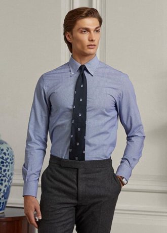 Camisas formais Ralph Lauren masculinas azuis de sarja xadrez fácil de cuidar