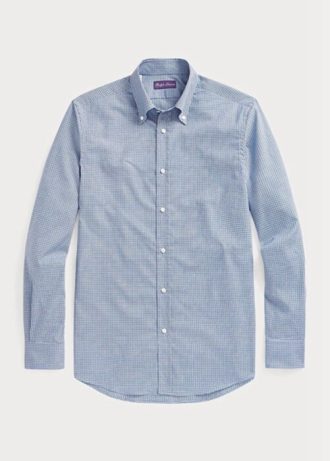 Camisas formais Ralph Lauren masculinas azuis de sarja xadrez fácil de cuidar