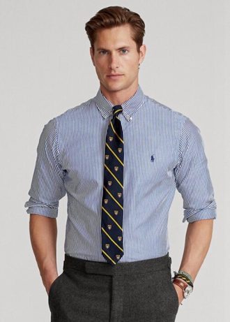 Camisas formais Ralph Lauren Slim Fit listradas de popeline azul masculinas