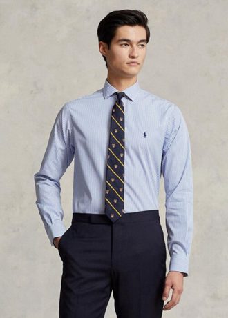 Camisas formais Ralph Lauren Slim Fit listradas de popeline azul masculinas