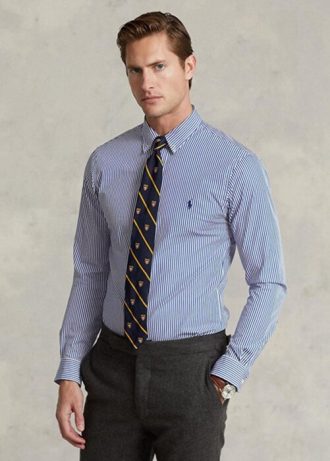 Camisas formais Ralph Lauren Slim Fit listradas de popeline elástica azul masculinas
