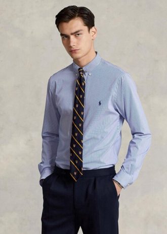 Camisas formais Ralph Lauren Slim Fit listradas de popeline elástica azul masculinas
