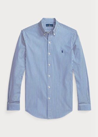 Camisas formais Ralph Lauren Slim Fit listradas de popeline elástica azul masculinas