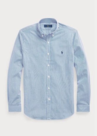Camisas formais Ralph Lauren Slim Fit listradas de popeline elástica azul masculinas