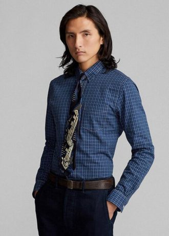 Camisas formais Ralph Lauren Slim Fit xadrez Dobby masculinas azul-marinho