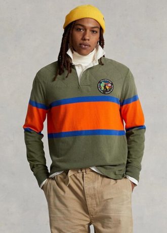 Camisas polo de rugby listradas Ralph Lauren Classic Fit para homens, verde oliva
