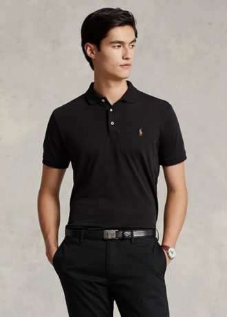 Camisas polo masculinas pretas Ralph Lauren personalizadas de corte slim em algodão macio