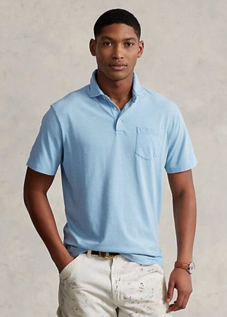 Camisas polo masculinas Ralph Lauren Classic Fit de algodão e linho azuis