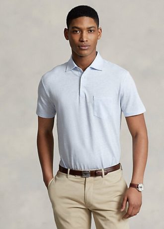 Camisas polo masculinas Ralph Lauren Custom Slim Fit de algodão e linho azul-claro