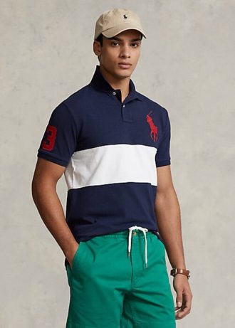 Camisas polo Ralph Lauren Big Pony Mesh masculinas azul-marinho/brancas