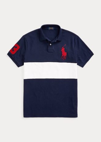 Camisas polo Ralph Lauren Big Pony Mesh masculinas azul-marinho/brancas