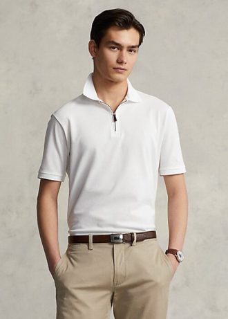 Camisas polo Ralph Lauren masculinas brancas com zíper e malha elástica