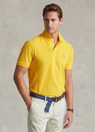 Camisas polo Ralph Lauren personalizadas de malha slim fit masculinas amarelas