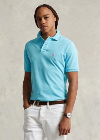 Camisas polo Ralph Lauren personalizadas de malha slim fit masculinas azuis