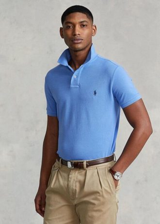 Camisas polo Ralph Lauren personalizadas de malha slim fit masculinas azuis
