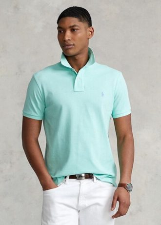 Camisas polo Ralph Lauren personalizadas de malha slim fit masculinas azuis