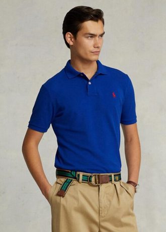 Camisas polo Ralph Lauren personalizadas de malha slim fit masculinas azuis