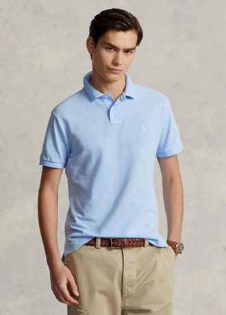Camisas polo Ralph Lauren personalizadas de malha slim fit masculinas azuis