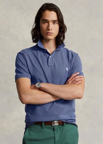 Camisas polo Ralph Lauren personalizadas de malha slim fit masculinas azuis
