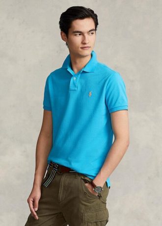 Camisas polo Ralph Lauren personalizadas de malha slim fit masculinas azuis