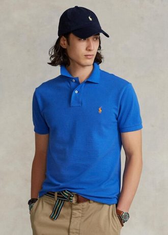 Camisas polo Ralph Lauren personalizadas de malha slim fit masculinas azuis