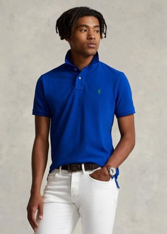 Camisas polo Ralph Lauren personalizadas de malha slim fit masculinas azuis