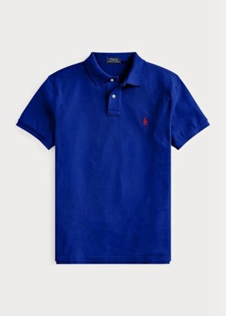 Camisas polo Ralph Lauren personalizadas de malha slim fit masculinas azuis