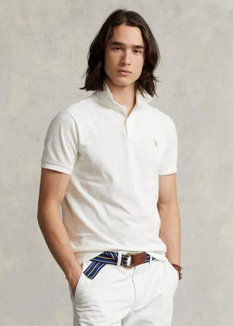 Camisas polo Ralph Lauren personalizadas de malha slim fit masculinas brancas