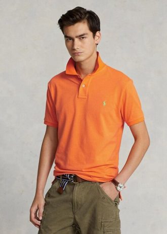 Camisas polo Ralph Lauren personalizadas de malha slim fit masculinas laranja