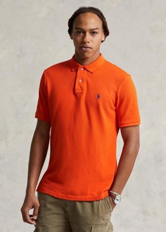 Camisas polo Ralph Lauren personalizadas de malha slim fit masculinas laranja