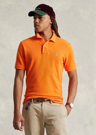 Camisas polo Ralph Lauren personalizadas de malha slim fit masculinas laranja