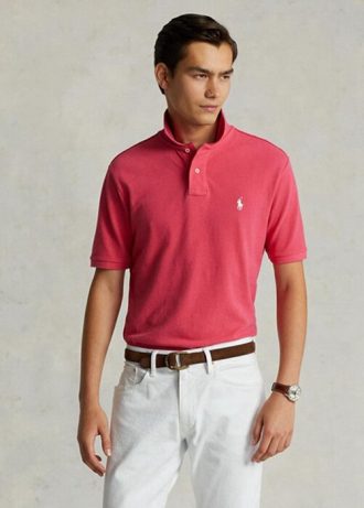Camisas polo Ralph Lauren personalizadas de malha slim fit masculinas rosa