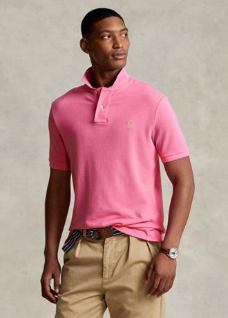 Camisas polo Ralph Lauren personalizadas de malha slim fit masculinas rosa