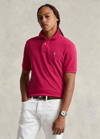 Camisas polo Ralph Lauren personalizadas de malha slim fit masculinas rosa