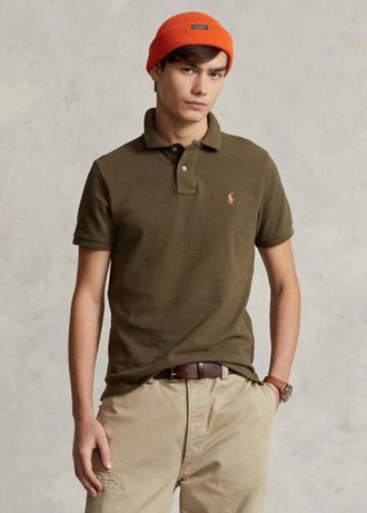Camisas polo Ralph Lauren personalizadas de malha slim fit masculinas verde oliva
