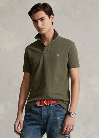 Camisas polo Ralph Lauren personalizadas de malha slim fit masculinas verde oliva