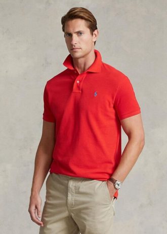 Camisas polo Ralph Lauren personalizadas de malha slim fit masculinas vermelhas