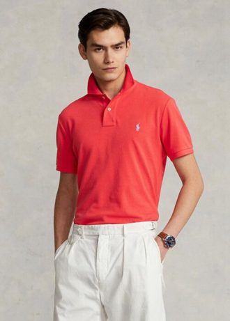 Camisas polo Ralph Lauren personalizadas de malha slim fit masculinas vermelhas