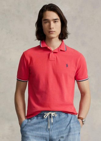 Camisas polo Ralph Lauren personalizadas de malha slim fit masculinas vermelhas
