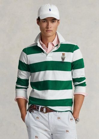 Camisas polo Ralph Lauren personalizadas Slim Fit Bear Rugby brancas masculinas