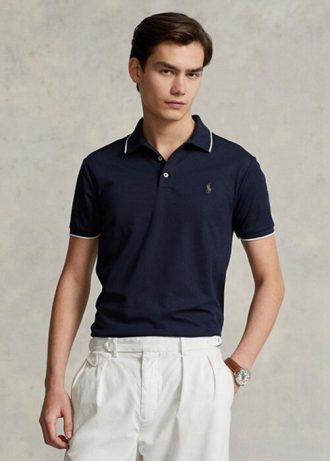 Camisas polo Ralph Lauren personalizadas slim fit Birdseye masculinas azul-marinho