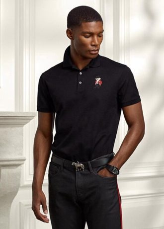 Camisas polo Ralph Lauren personalizadas slim fit com estampa de urso pretas para homens