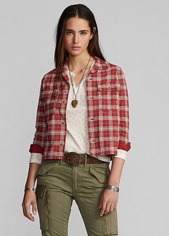 Camisas Ralph Lauren Camp com estampa xadrez vermelha para mulheres