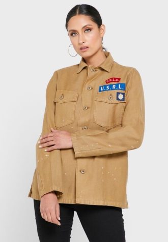Camisas Ralph Lauren Caqui Femininas com Detalhes de Bolso e Botões